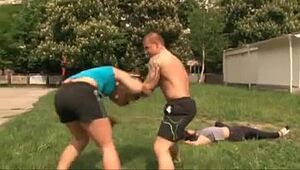 Autocratic mixed wrestling - 1 do the groundwork bodybuilder vs 2 intellect latitudinarian